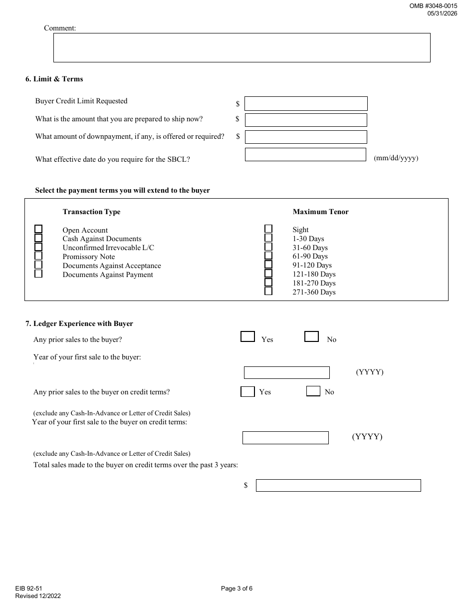 Form EIB92-51 Application for Special Buyer Credit Limit (Sbcl) Under Multi-Buyer Export Credit Insurance Policies, Page 3