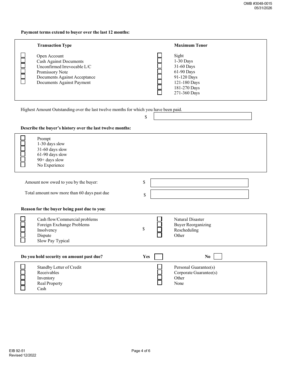 Form EIB92-51 Application for Special Buyer Credit Limit (Sbcl) Under Multi-Buyer Export Credit Insurance Policies, Page 4