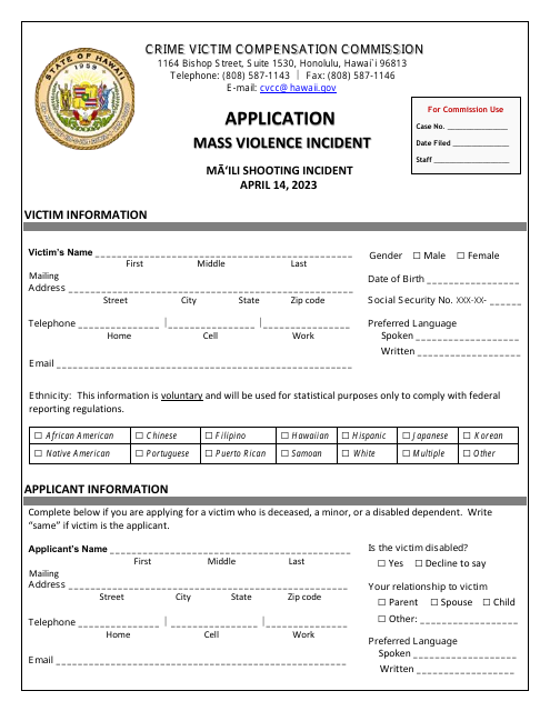 Mass Violence Application Form - Ma'ili Shooting Incident - Hawaii Download Pdf