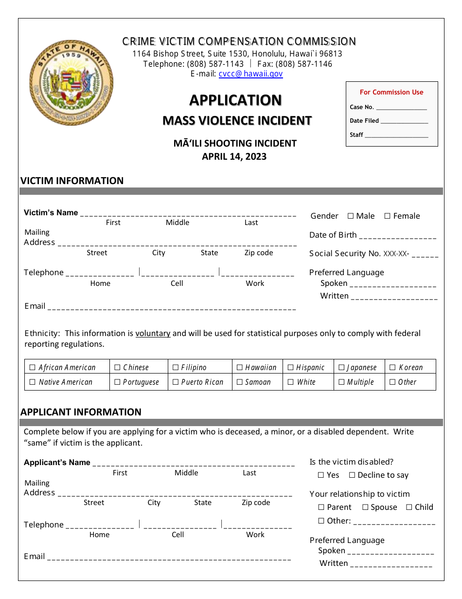 Mass Violence Application Form - Maili Shooting Incident - Hawaii, Page 1