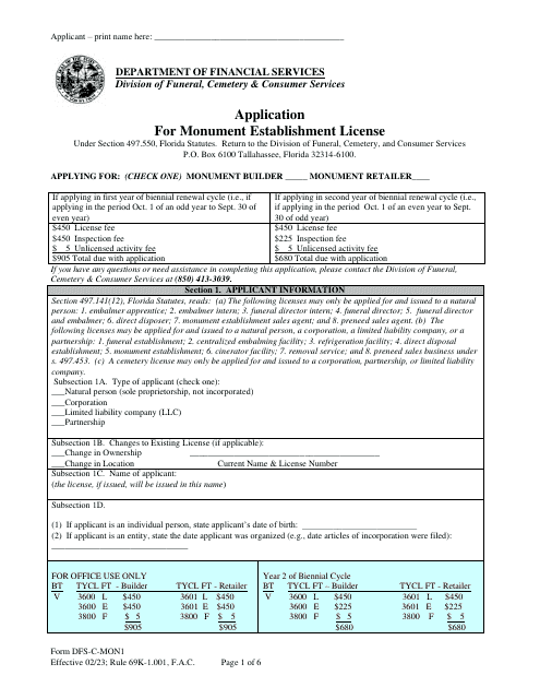 Form DFS-C-MON1 Application for Monument Establishment License - Florida