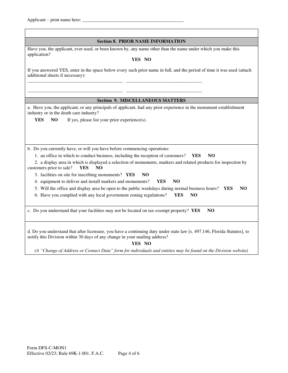 Form DFS-C-MON1 Application for Monument Establishment License - Florida, Page 4