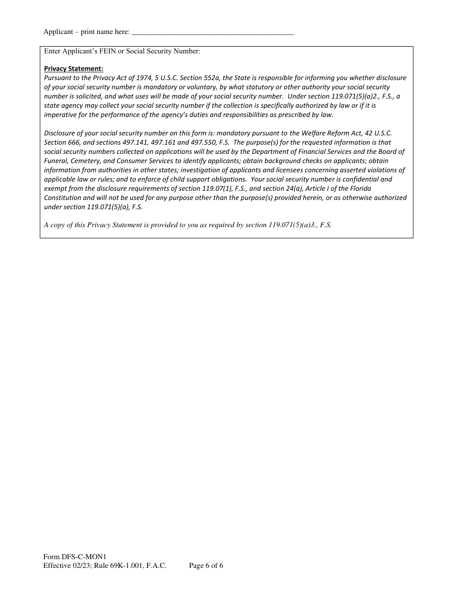 Form DFS-C-MON1 Application for Monument Establishment License - Florida, Page 6