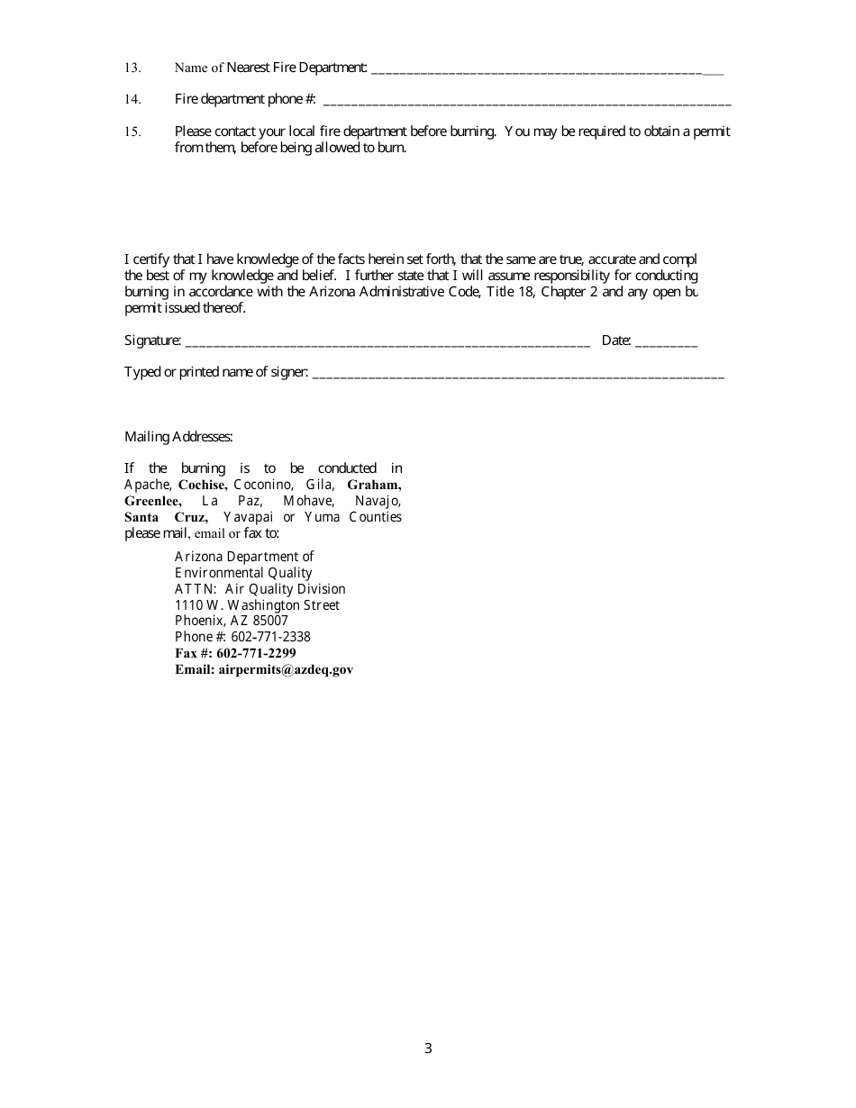 Dangerous Materials Open Burning Permit Application - Arizona, Page 3