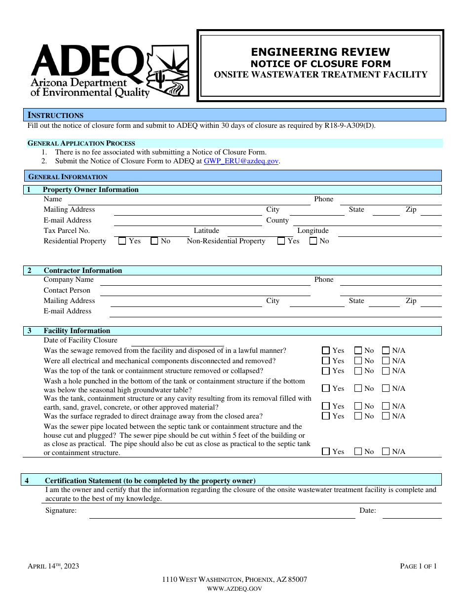 Engineering Review - Notice of Closure Form - Onsite Wastewater Treatment Facility - Arizona, Page 1