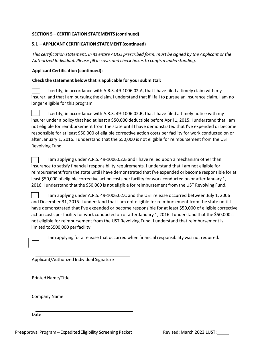 Ust Program Expedited Preapproval Application Under Arizona Revised Statutes (A.r.s.) 49-1051(K) - Arizona, Page 11