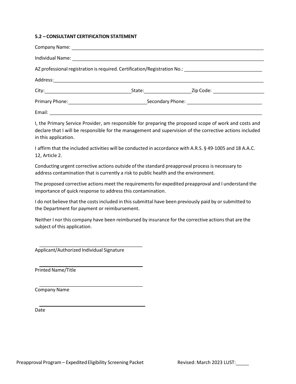 Ust Program Expedited Preapproval Application Under Arizona Revised Statutes (A.r.s.) 49-1051(K) - Arizona, Page 12