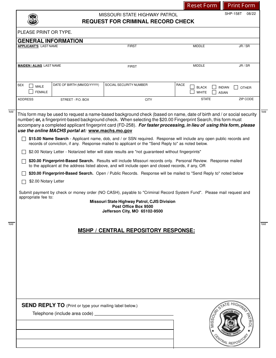 Form SHP-158T Request for Criminal Record Check - Missouri, Page 1