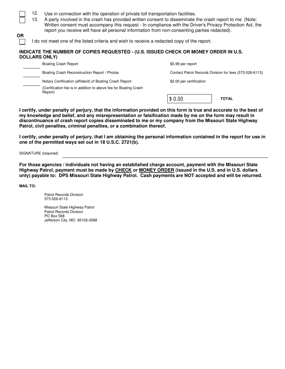 Form SHP-844 Request for Boating Crash Report - Missouri, Page 2