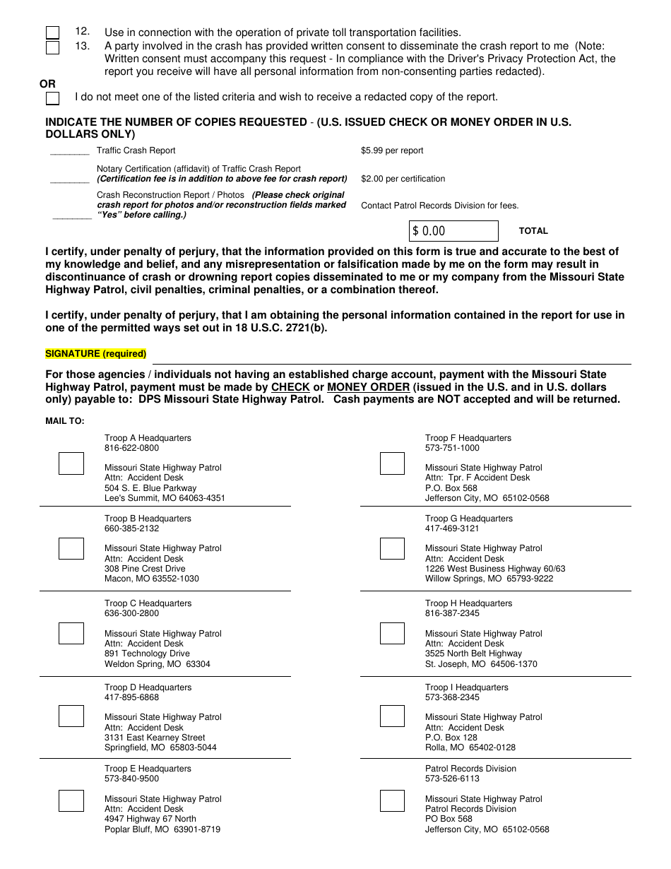 Form SHP-842 Request for Traffic Crash Report - Missouri, Page 2