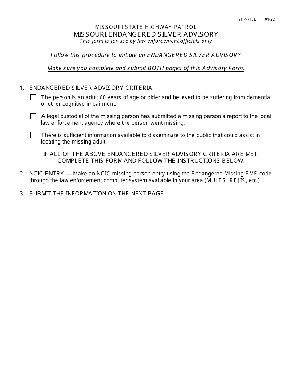 Form SHP-718 Issouri Endangered Silver Advisory - Missouri, Page 1