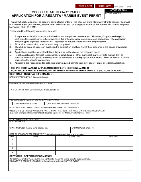 Form SHP-628 Application for a Regatta/Marine Event Permit - Missouri
