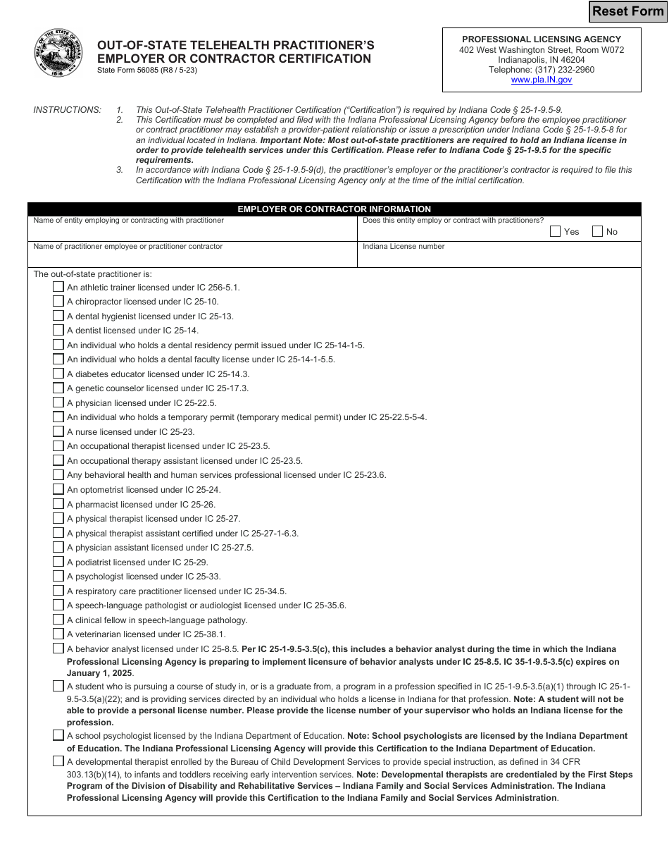 State Form 56085 Out-of-State Telehealth Practitioners Employer or Contractor Certification - Indiana, Page 1