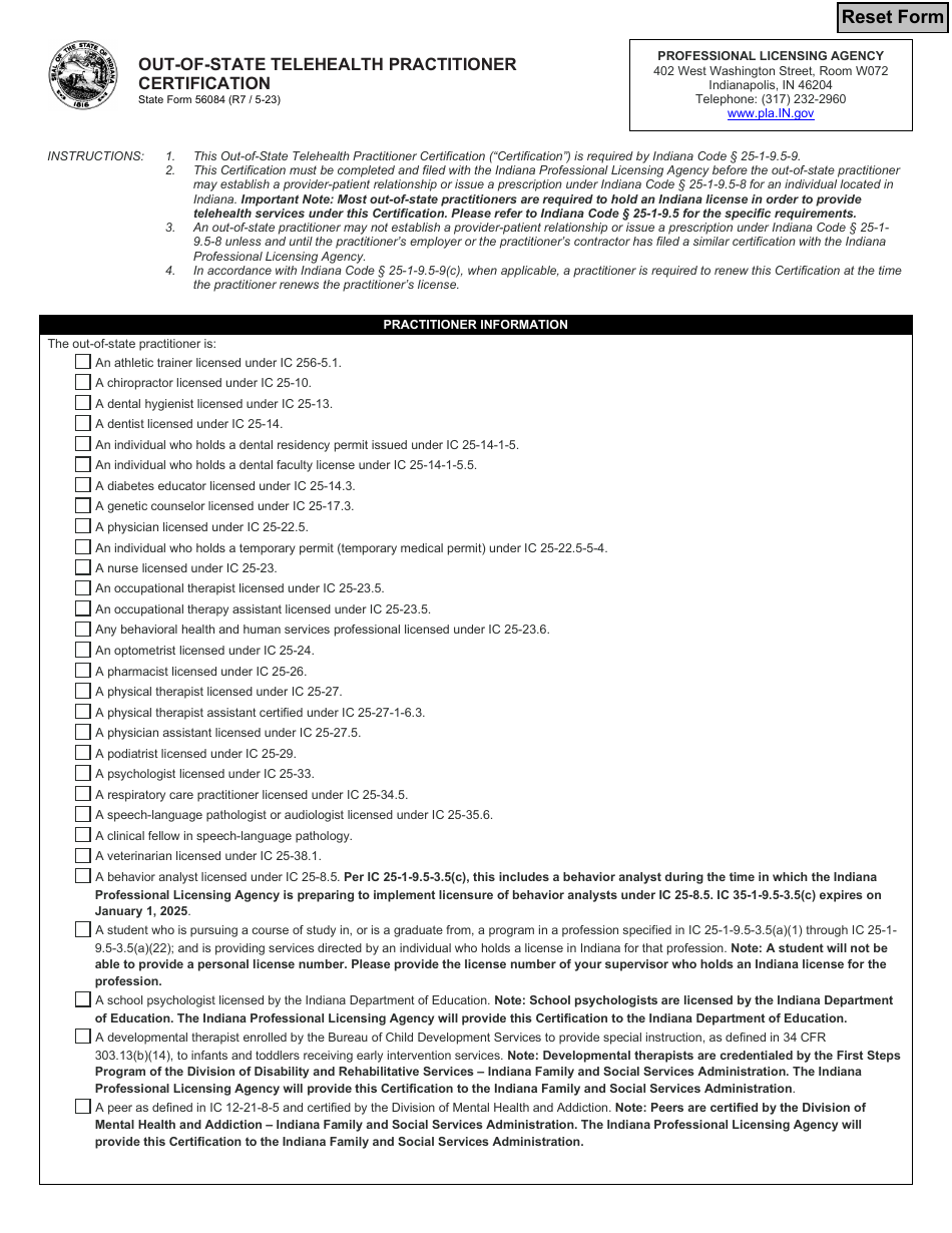 State Form 56084 Out-of-State Telehealth Practitioner Certification - Indiana, Page 1