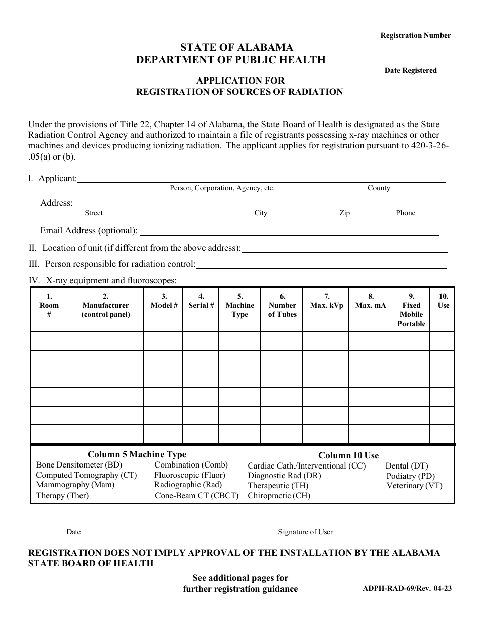 Form ADPH-RAD-69 Application for Registration of Sources of Radiation - Alabama, Page 1