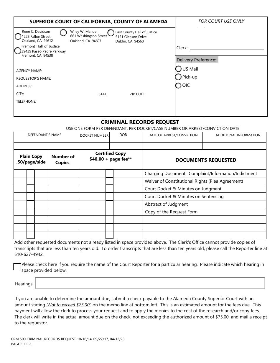 Form CRM500 Criminal Records Request - County of Alameda, California, Page 1