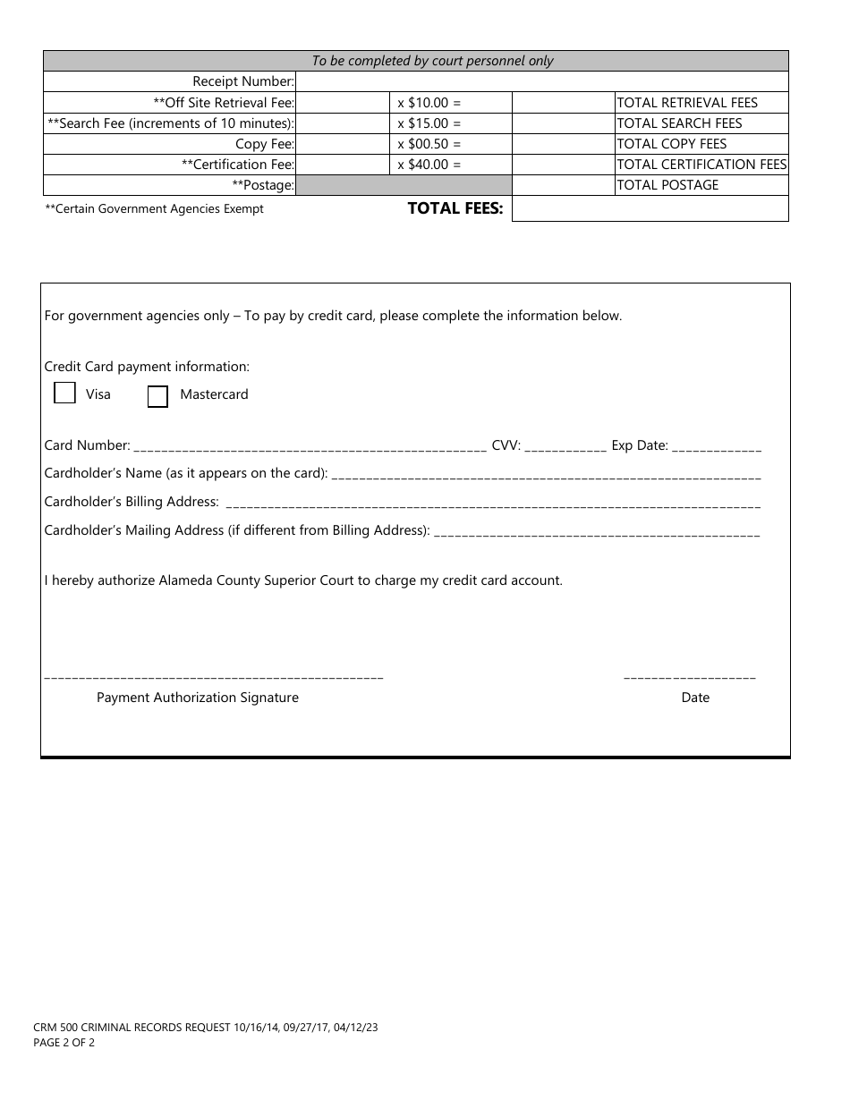 Form CRM500 Criminal Records Request - County of Alameda, California, Page 2