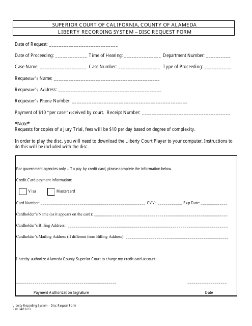 Liberty Recording System - Disc Request Form - County of Alameda, California Download Pdf