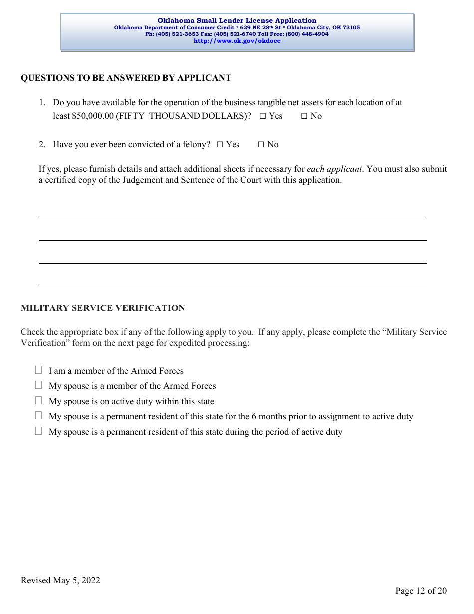 Oklahoma Small Lender License Application - Oklahoma, Page 12