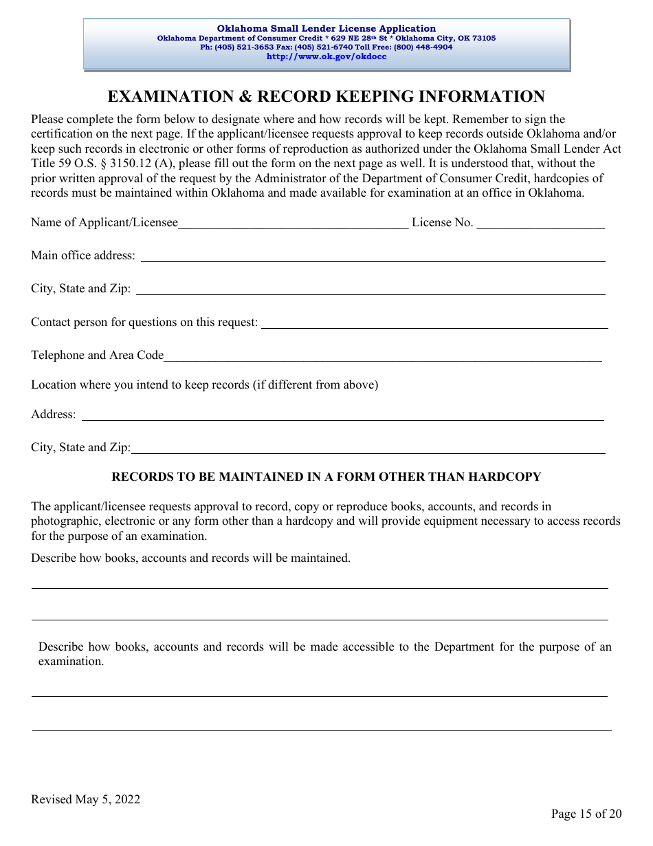 Oklahoma Small Lender License Application - Oklahoma, Page 15