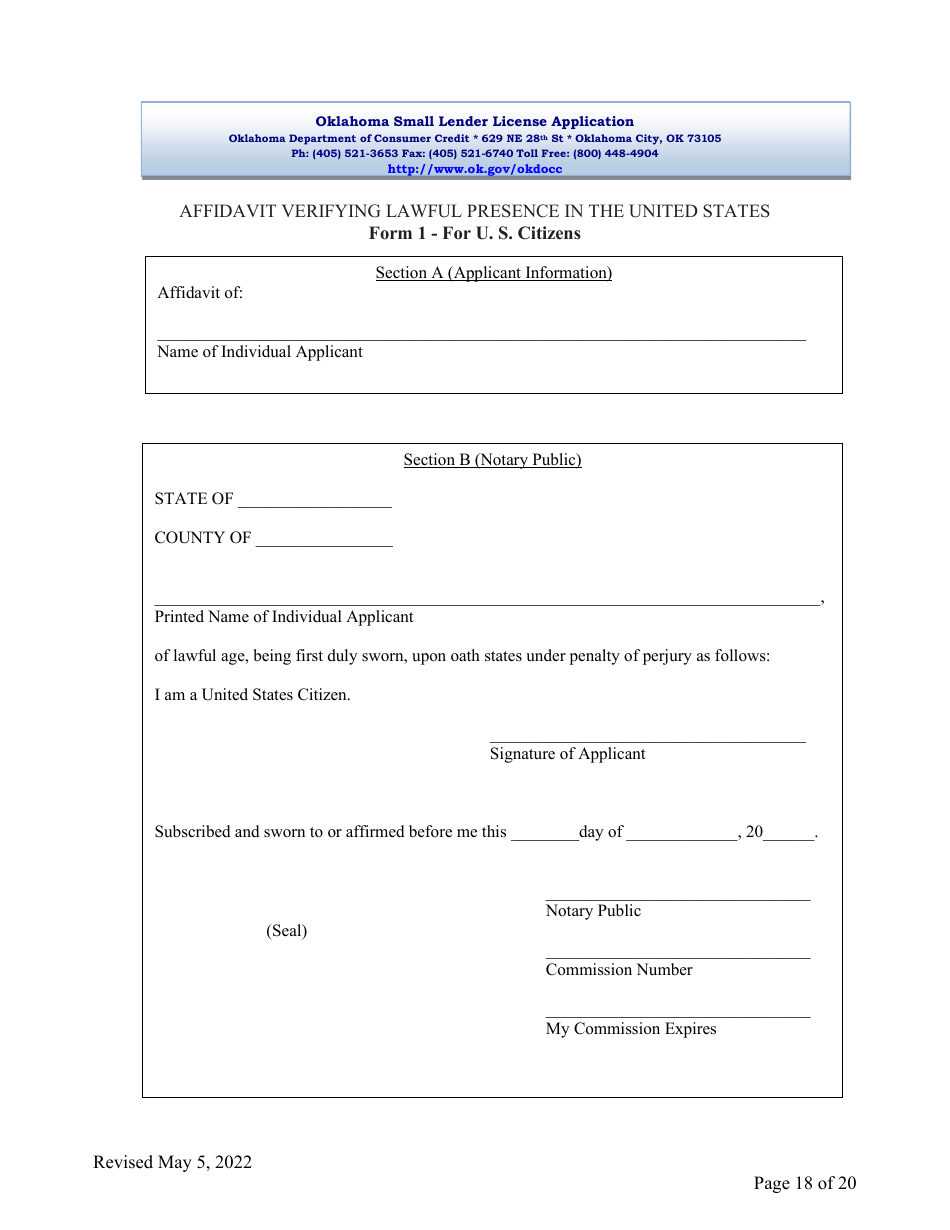 Oklahoma Small Lender License Application - Oklahoma, Page 18