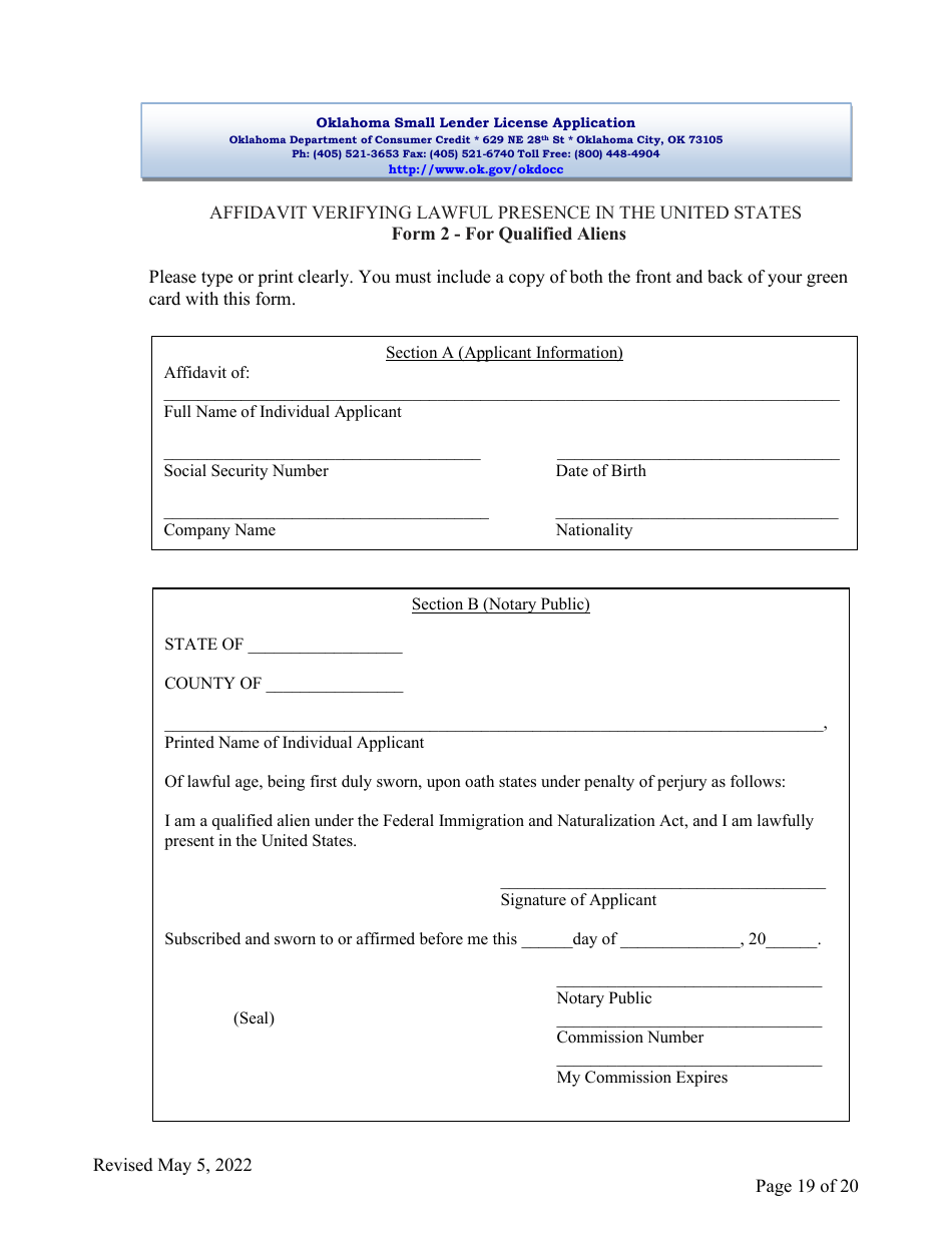 Oklahoma Small Lender License Application - Oklahoma, Page 19