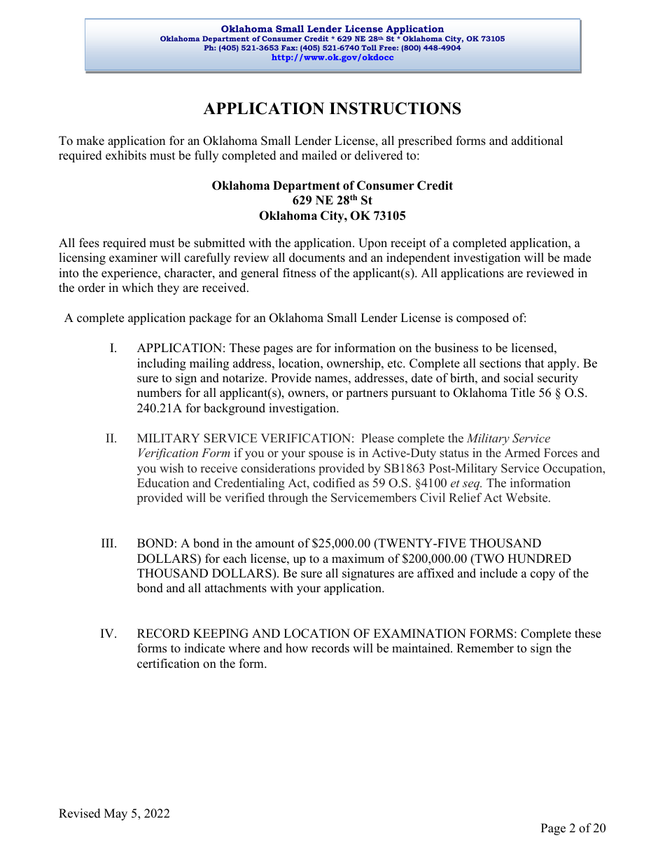 Oklahoma Small Lender License Application - Oklahoma, Page 2