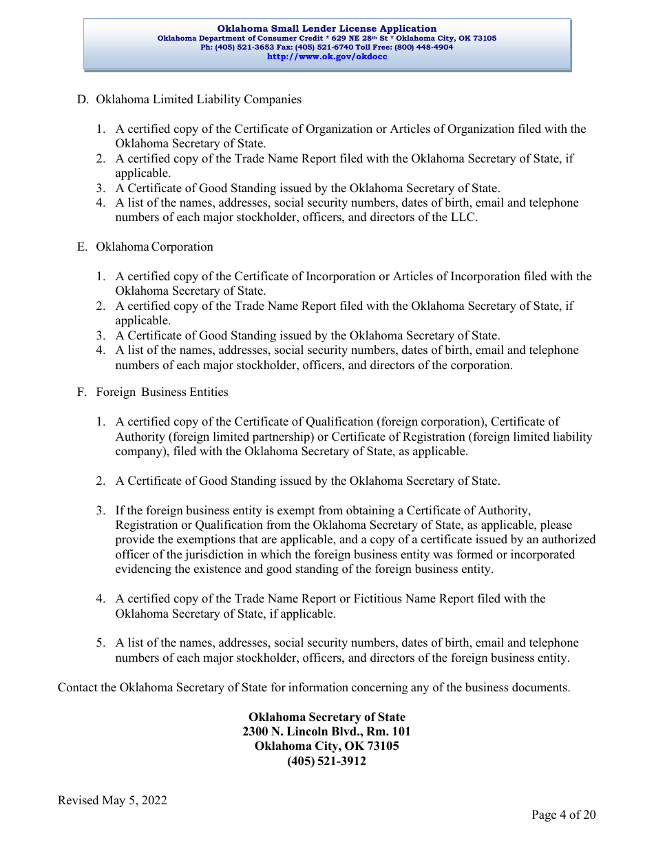 Oklahoma Small Lender License Application - Oklahoma, Page 4