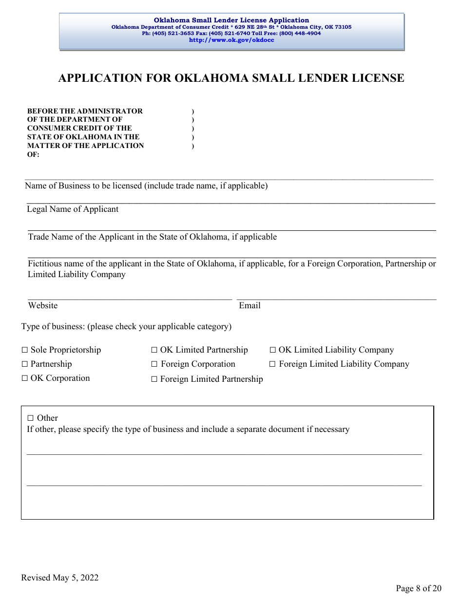 Oklahoma Small Lender License Application - Oklahoma, Page 8