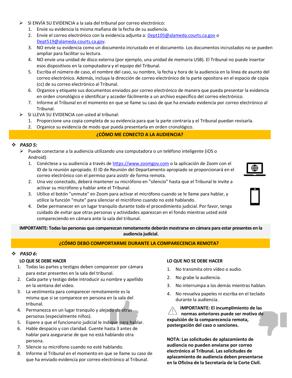 Instrucciones De Comparecencia Remota Para Audiencias De Reclamos Menores Y Orden De Restriccion Por Acoso Civil - County of Alameda, California (Spanish), Page 2
