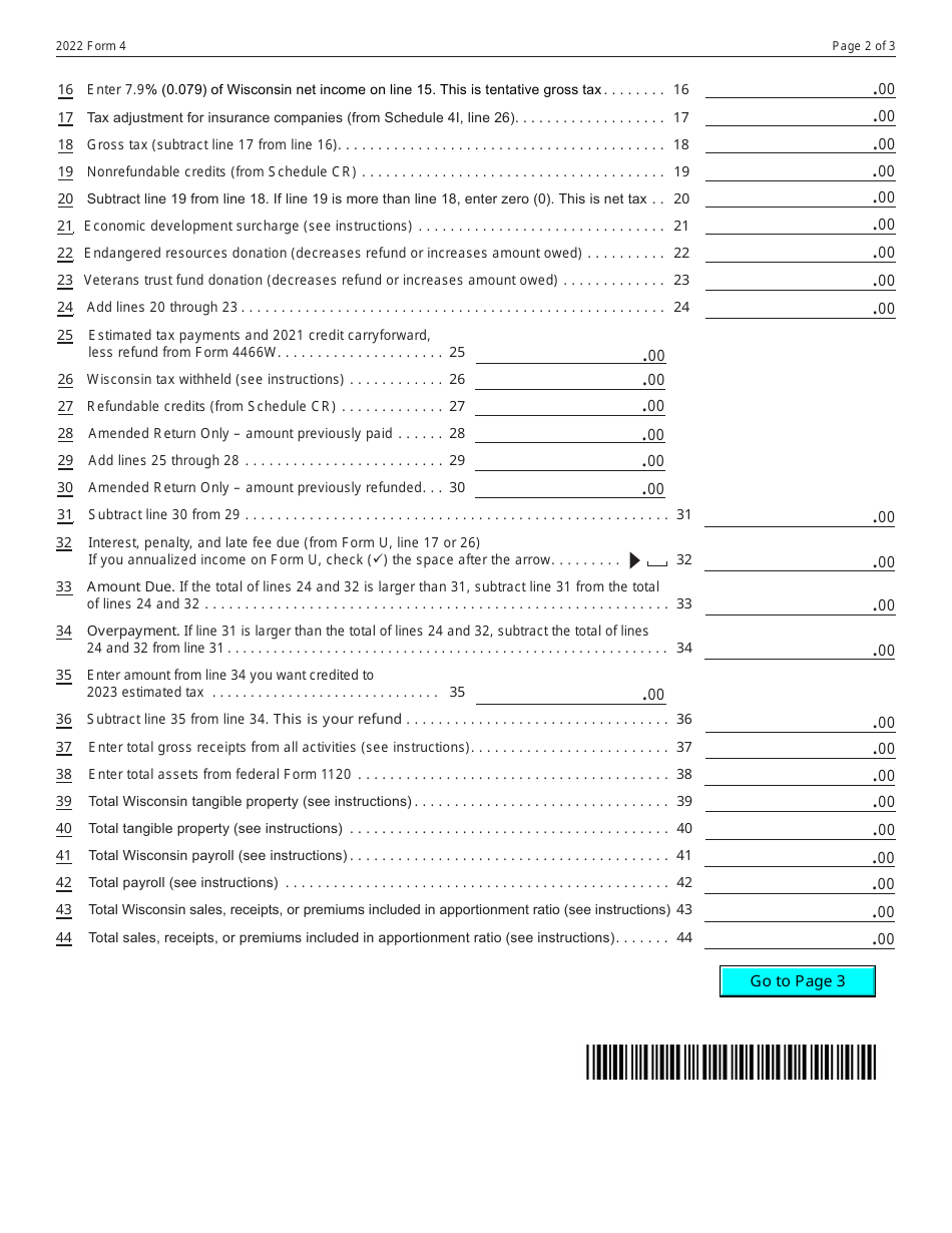Form 4 (IC-040) Wisconsin Non-combined Corporation Franchise or Income Tax Return - Wisconsin, Page 2