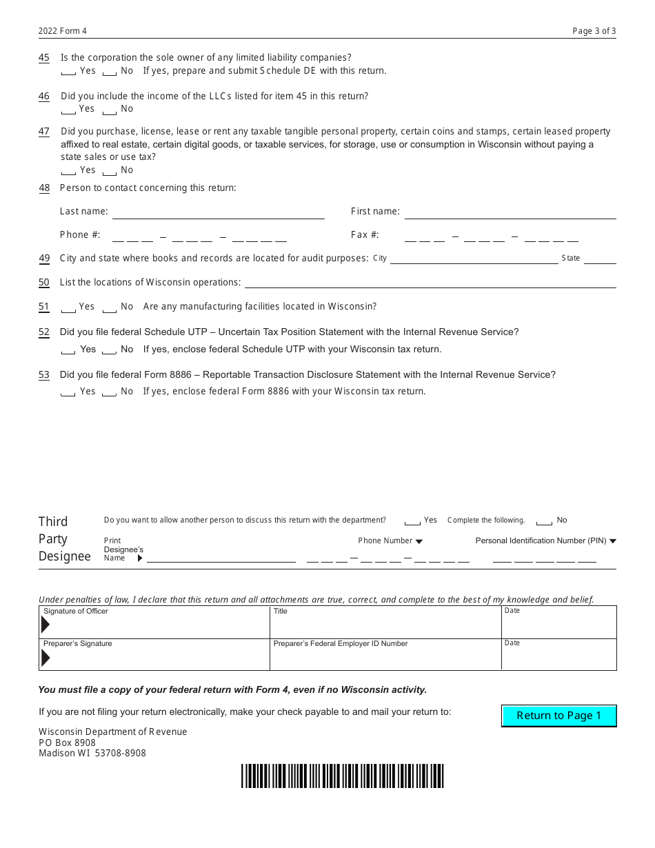 Form 4 (IC-040) Wisconsin Non-combined Corporation Franchise or Income Tax Return - Wisconsin, Page 3