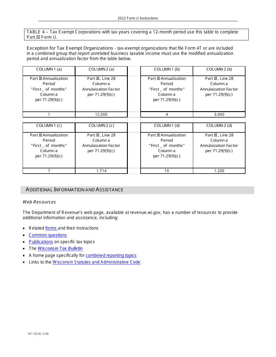 Instructions for Form U, DC-133 Underpayment of Estimated Tax by Corporations - Wisconsin, Page 11
