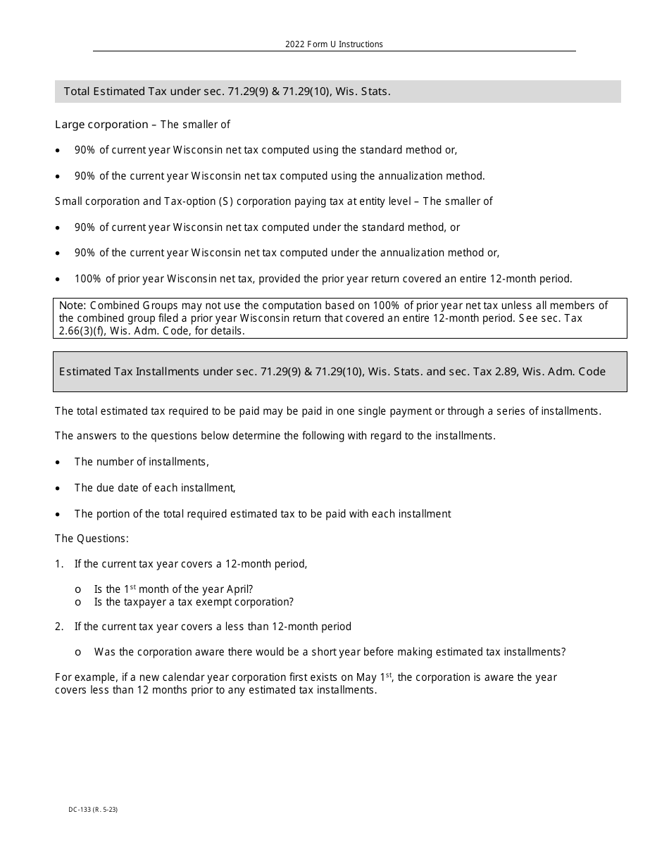 Instructions for Form U, DC-133 Underpayment of Estimated Tax by Corporations - Wisconsin, Page 2