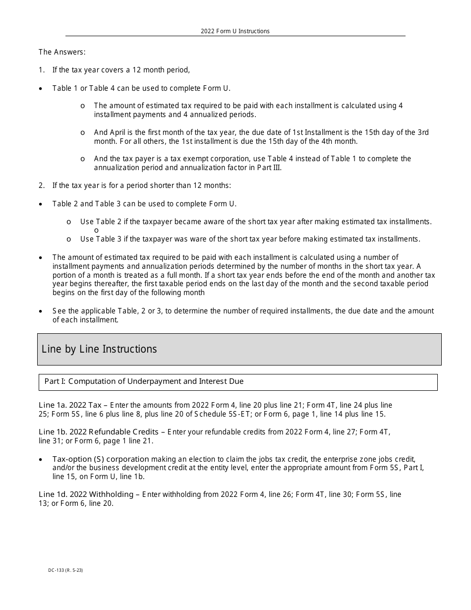 Instructions for Form U, DC-133 Underpayment of Estimated Tax by Corporations - Wisconsin, Page 3