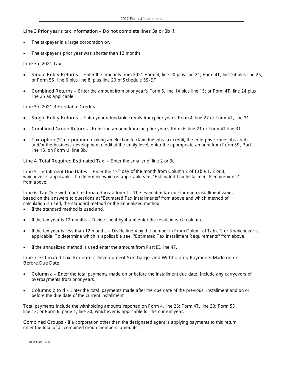 Instructions for Form U, DC-133 Underpayment of Estimated Tax by Corporations - Wisconsin, Page 4