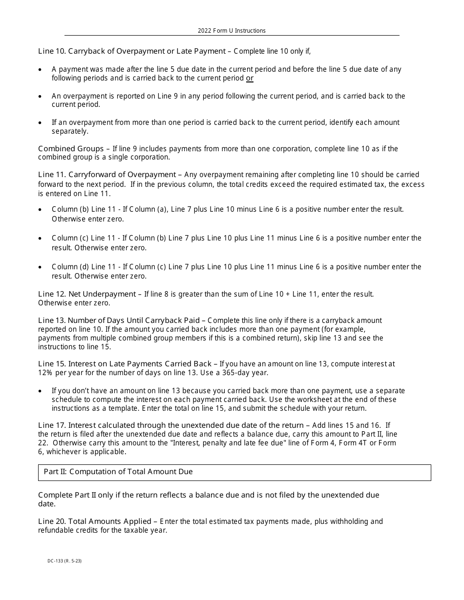 Instructions for Form U, DC-133 Underpayment of Estimated Tax by Corporations - Wisconsin, Page 5