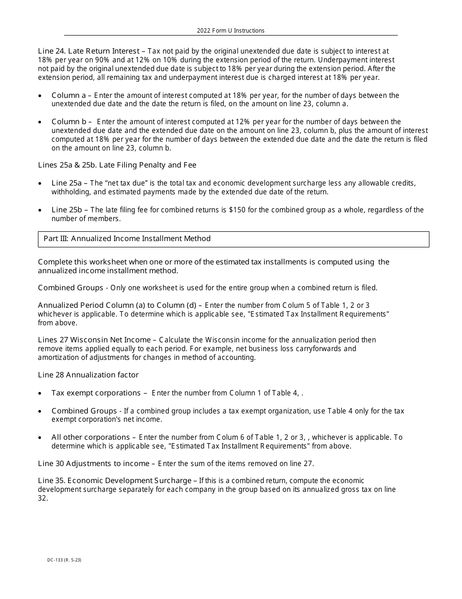 Instructions for Form U, DC-133 Underpayment of Estimated Tax by Corporations - Wisconsin, Page 6