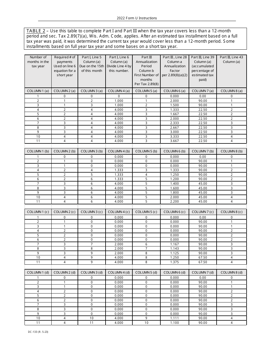 Instructions for Form U, DC-133 Underpayment of Estimated Tax by Corporations - Wisconsin, Page 9