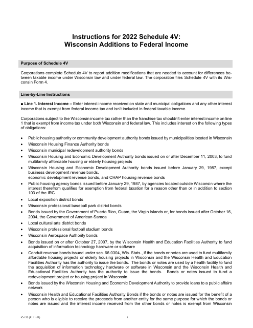 Instructions for Form IC-123 Schedule 4V Wisconsin Additions to Federal Income - Wisconsin, 2022