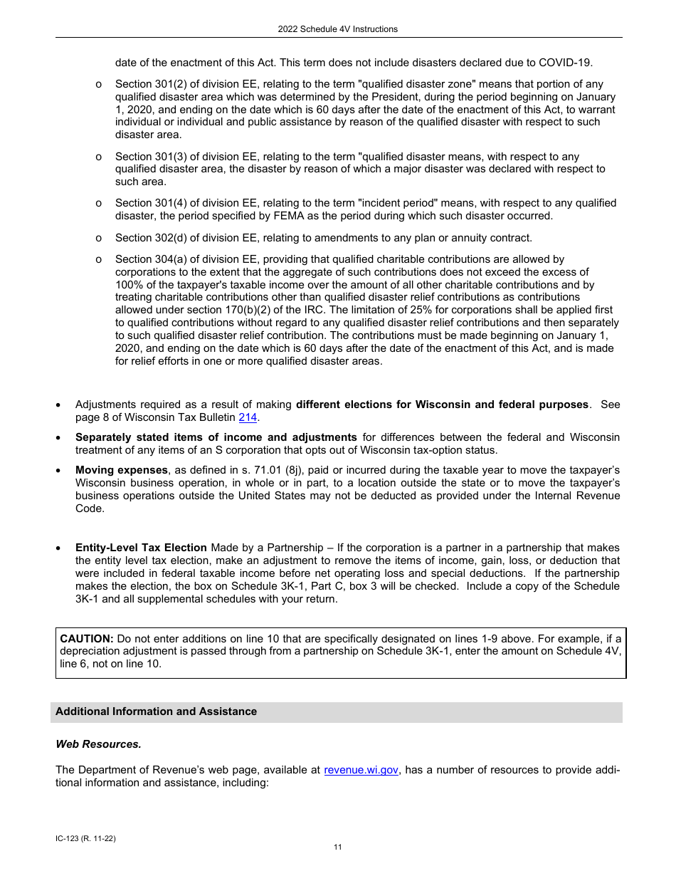 Instructions for Form IC-123 Schedule 4V Wisconsin Additions to Federal Income - Wisconsin, Page 11
