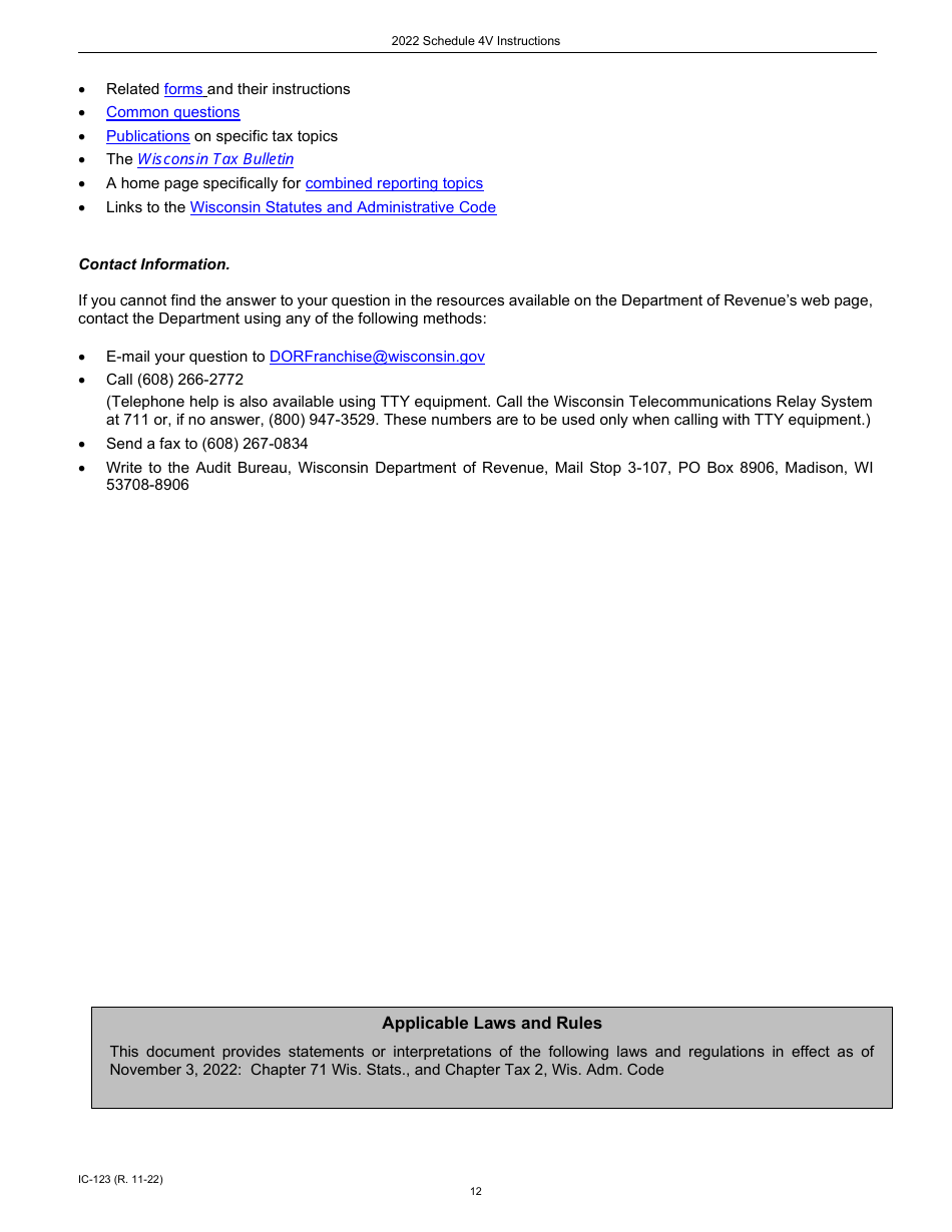 Instructions for Form IC-123 Schedule 4V Wisconsin Additions to Federal Income - Wisconsin, Page 12