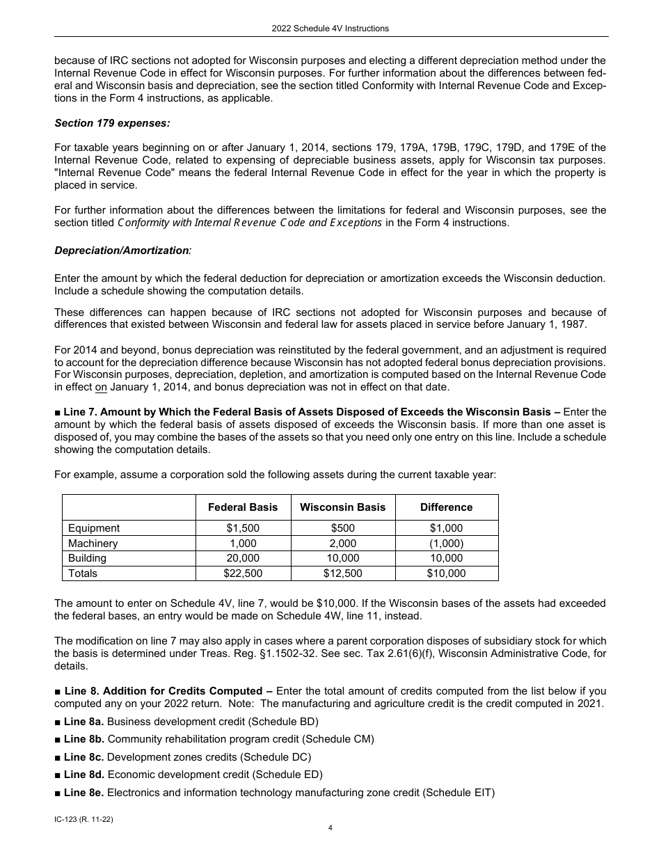Instructions for Form IC-123 Schedule 4V Wisconsin Additions to Federal Income - Wisconsin, Page 4