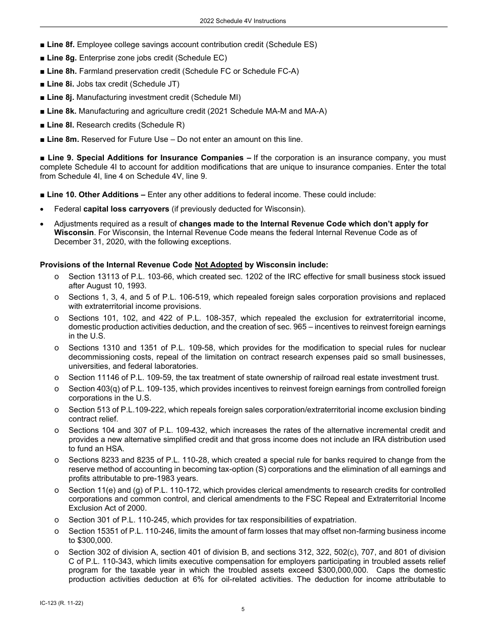 Instructions for Form IC-123 Schedule 4V Wisconsin Additions to Federal Income - Wisconsin, Page 5