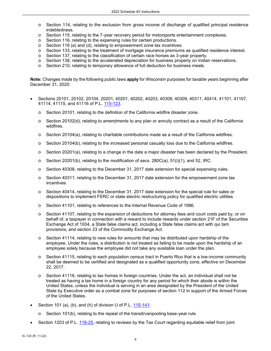Instructions for Form IC-123 Schedule 4V Wisconsin Additions to Federal Income - Wisconsin, Page 9