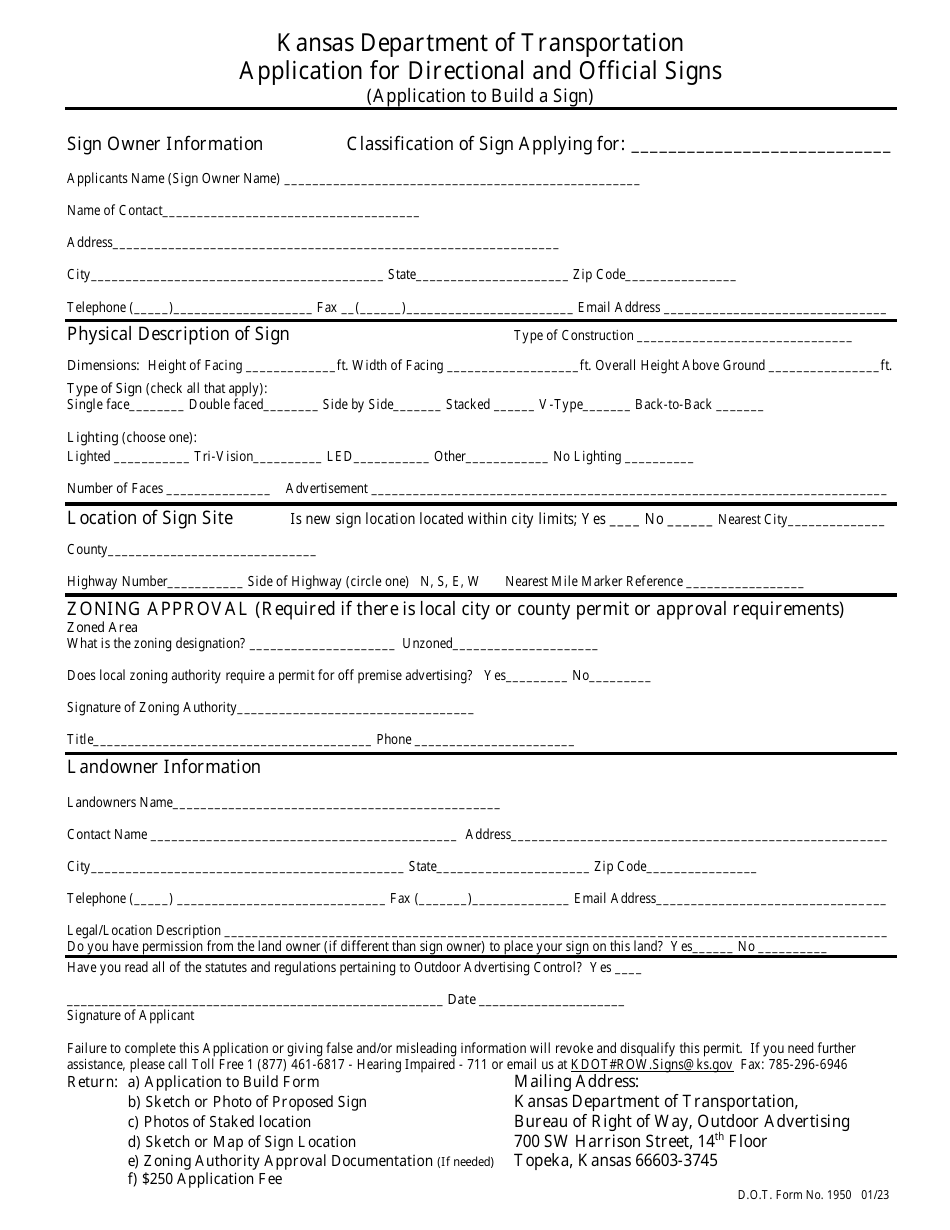 DOT Form 1950 Application for Directional and Official Signs - Kansas, Page 1