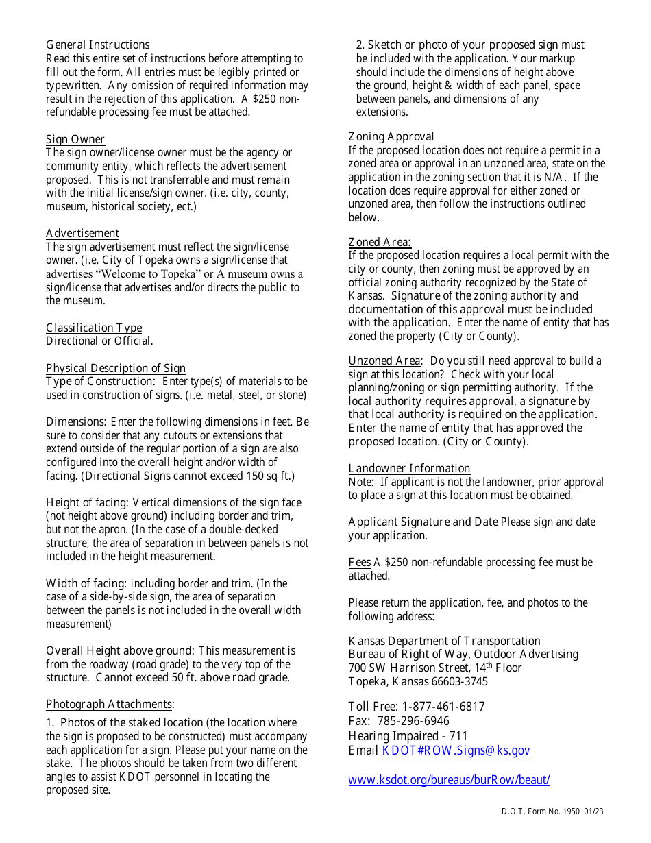 DOT Form 1950 Application for Directional and Official Signs - Kansas, Page 2