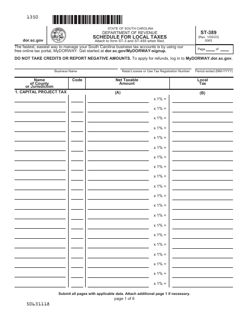 Form ST-389 Schedule for Local Taxes - South Carolina