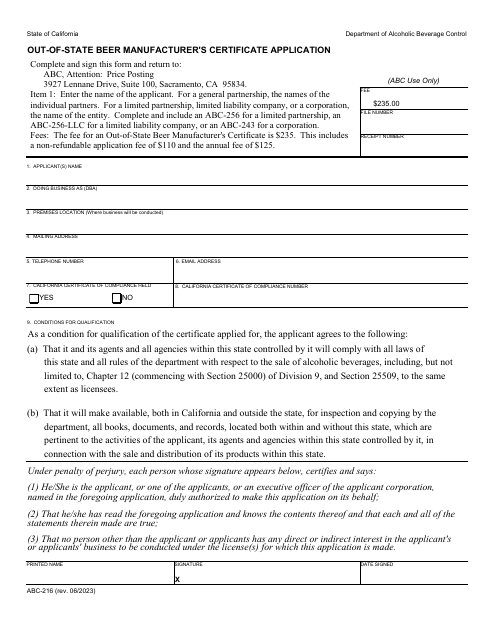 Form ABC-216 Out-of-State Beer Manufacturer's Certificate Application - California