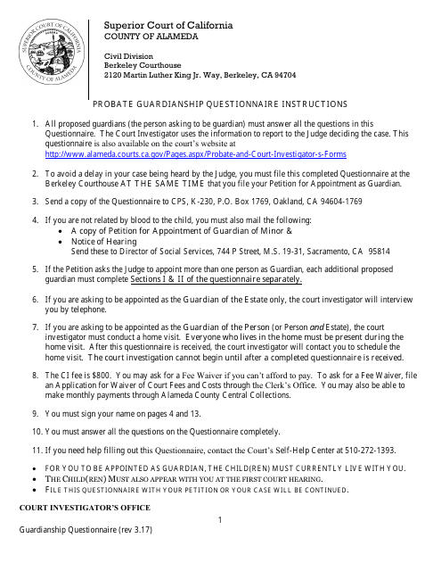 Confidential Guardianship Questionnaire - County of Alameda, California Download Pdf